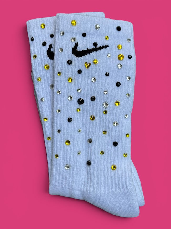 Yellow, Black and Crystal Clear Queen Bee Rhinestone Nike Socks