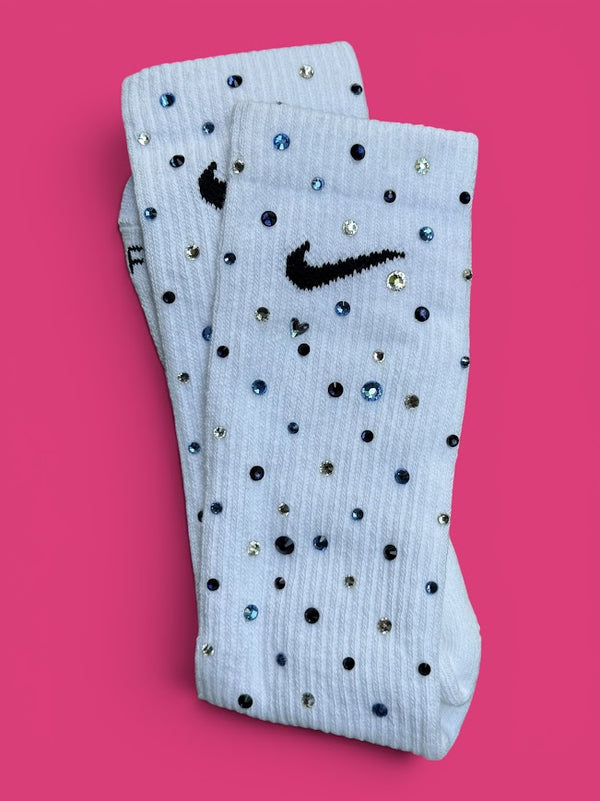 Light Blue, Navy & Crystal Clear Rhinestone Nike socks