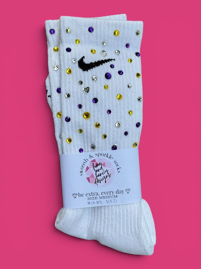 Purple, Yellow & Crystal Clear Fit for a Queen Rhinestone Nike Socks