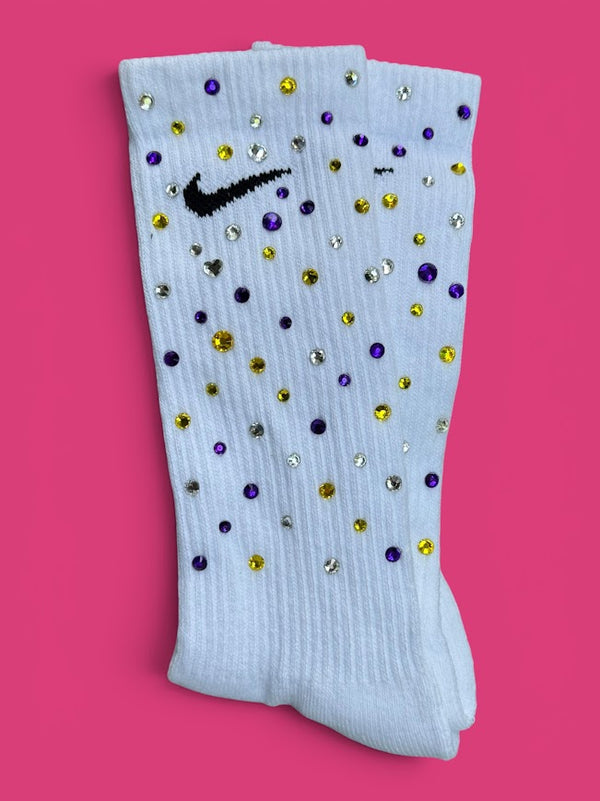 Purple, Yellow & Crystal Clear Fit for a Queen Rhinestone Nike Socks