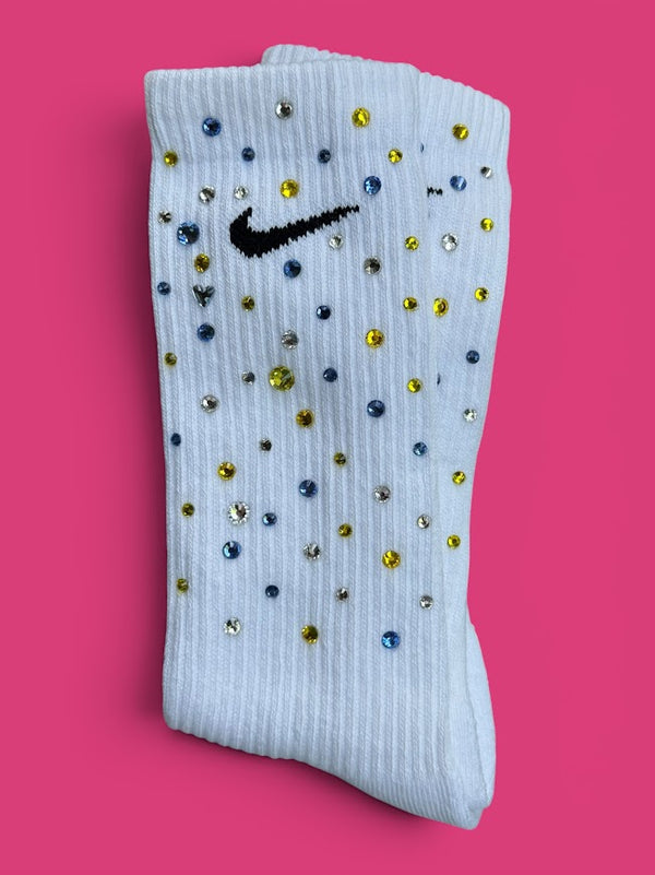 Light Blue, Yellow & Crystal Clear We've Got Spirit Rhinestone Nike Socks