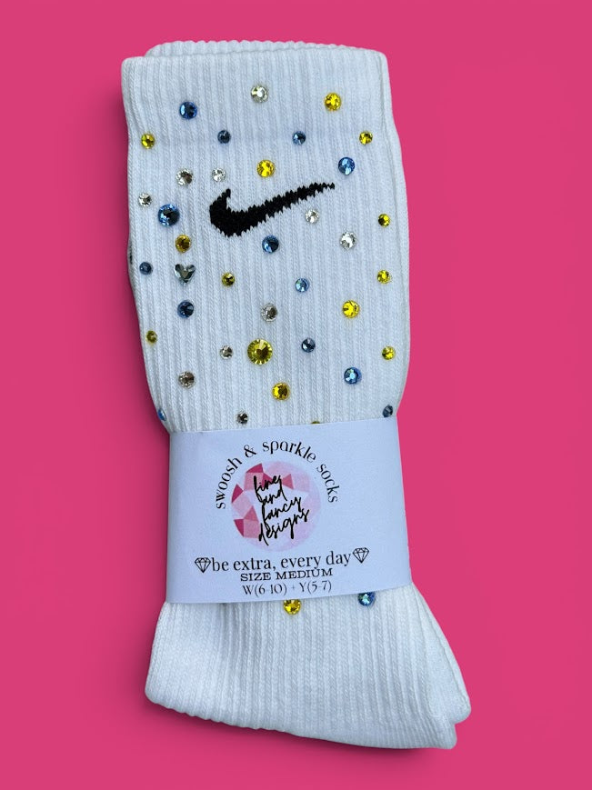 Light Blue, Yellow & Crystal Clear We've Got Spirit Rhinestone Nike Socks