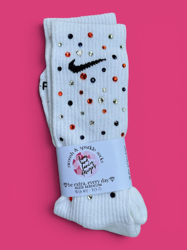 Orange, Navy & Crystal Clear Go Bears Rhinestone Nike Socks