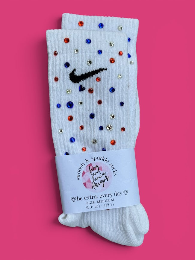 Orange, Royal Blue and Crystal Clear Rhinestone Nike Socks