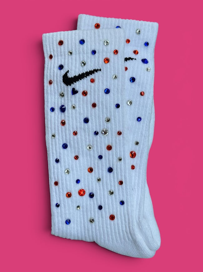 Orange, Royal Blue and Crystal Clear Rhinestone Nike Socks