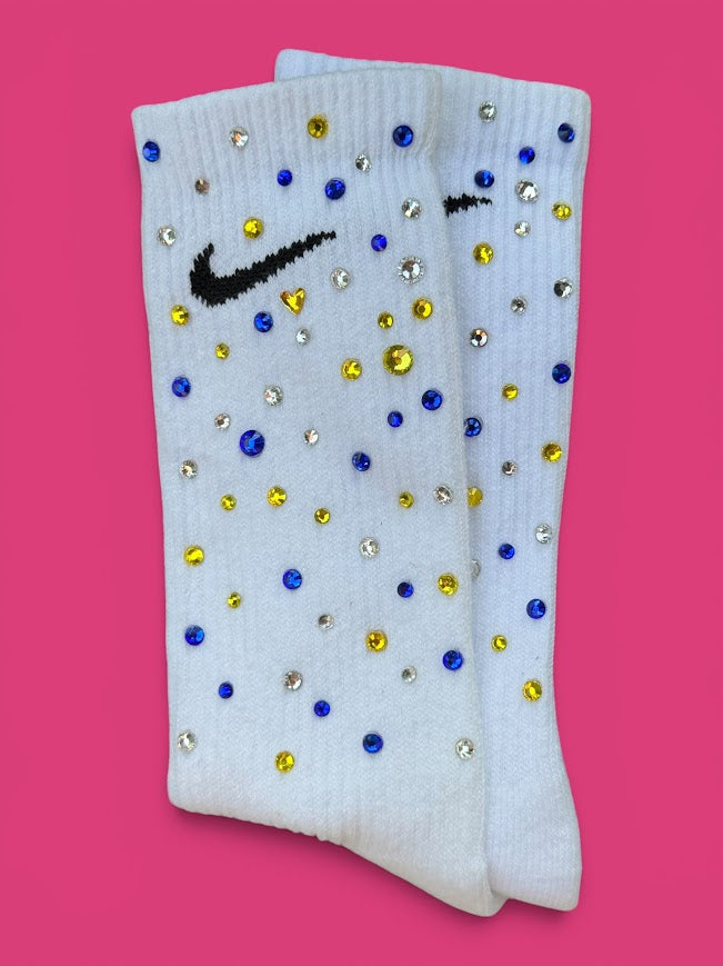 Blue, Yellow & Crystal Clear Victory Rhinestone Nike Socks