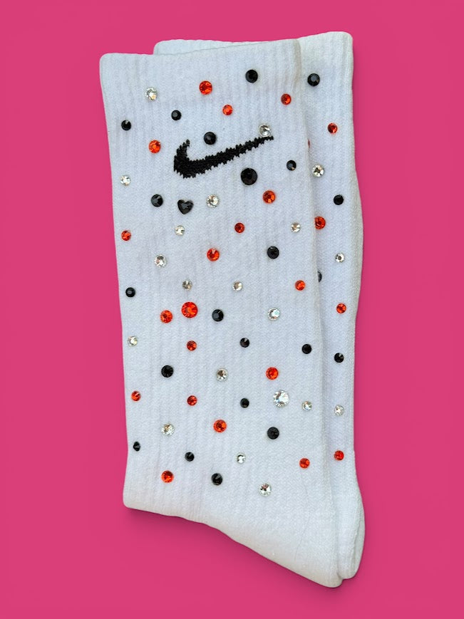 Orange, Black & Crystal Clear Trick or Treat Rhinestone Nike Socks