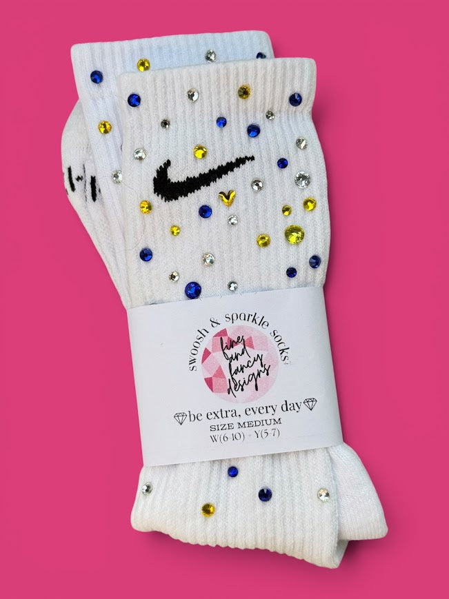 Blue, Yellow & Crystal Clear Victory Rhinestone Nike Socks